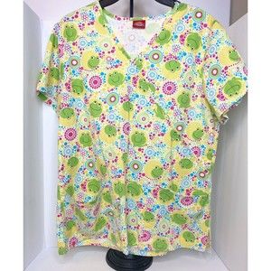 Dickies Smiling Frogs Geometric Polka Dots Yellow Small Scrub Top